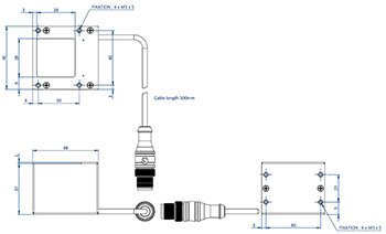 Diagrama que muestra las dimensiones de los componentes de un EFFI-COAX-030 para visión artificial y control de calidad.