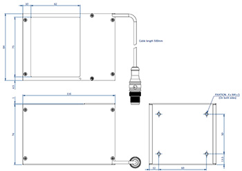 Diagram showing the dimensions of the components of an EFFI-COAX-070 for machine vision and quality control.