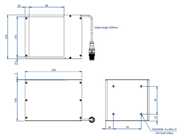 Diagrama que muestra las dimensiones de los componentes de un EFFI-COAX-100 para visión artificial y control de calidad.