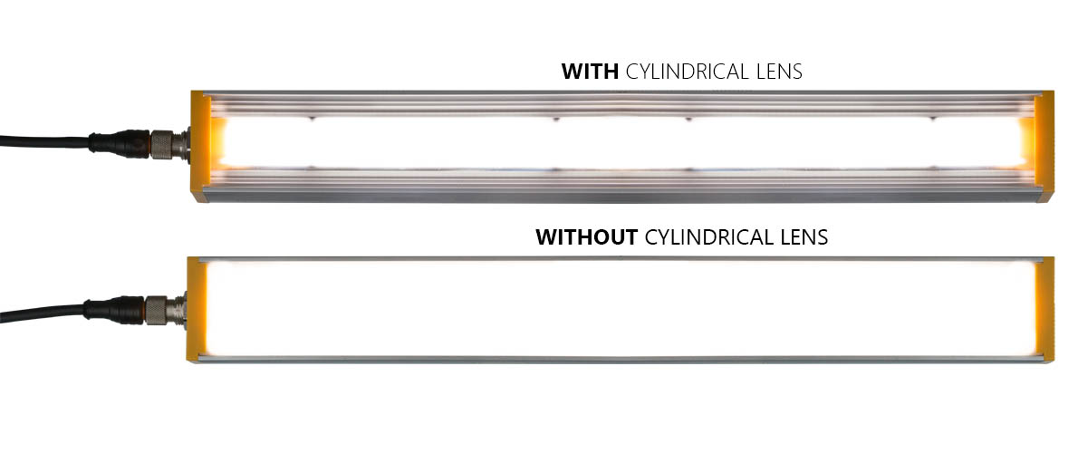 Comparaison entre un Effi-Flex-BL équipé d'une lentille cylindrique et d'un Effi-Flex-BL standard pour la vision industrielle et le contrôle qualité