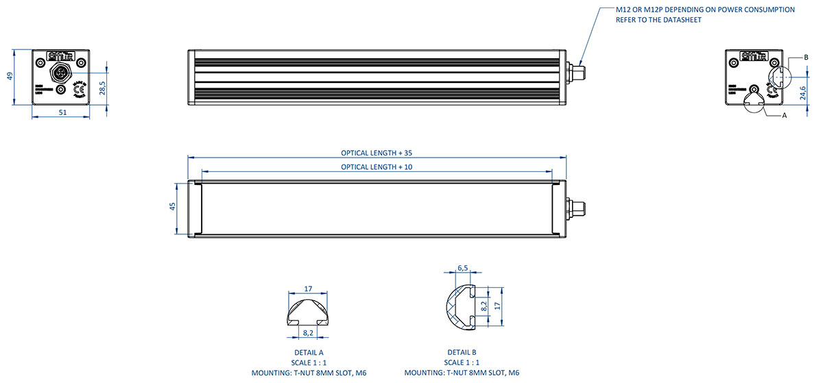 Diagram showing the various components and dimensions of a EFFI-Flex2 used for image processing and quality control.