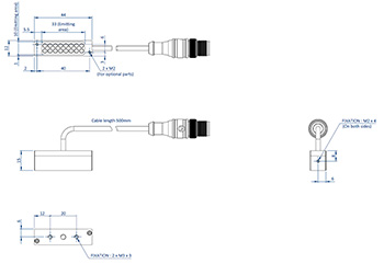 Schematische Darstellung der Abmessungen der Komponenten einer EFFI-LSBR-030-2 für die industrielle Bildverarbeitung und Qualitätskontrolle.