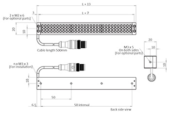 Schéma représentant les dimensions des composants d'un EFFI-LSBR-XXX-3 pour la vision industrielle et le contrôle qualité.