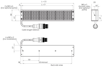 Diagrama que muestra las dimensiones de los componentes de un EFFI-LSBR-XXX-6 para visión artificial y control de calidad.