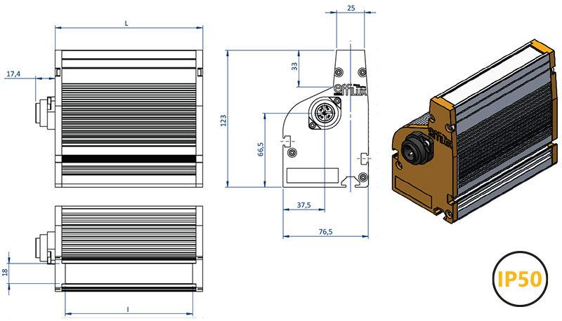 Diagram detailing the various components and their dimensions of an EFFI-Line used for machine vision and quality control.