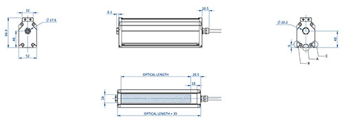 Schéma détaillant les différents composants et leurs dimensions d'un EFFI-Line3 Standard utilisé pour la vision industrielle et le contrôle qualité.