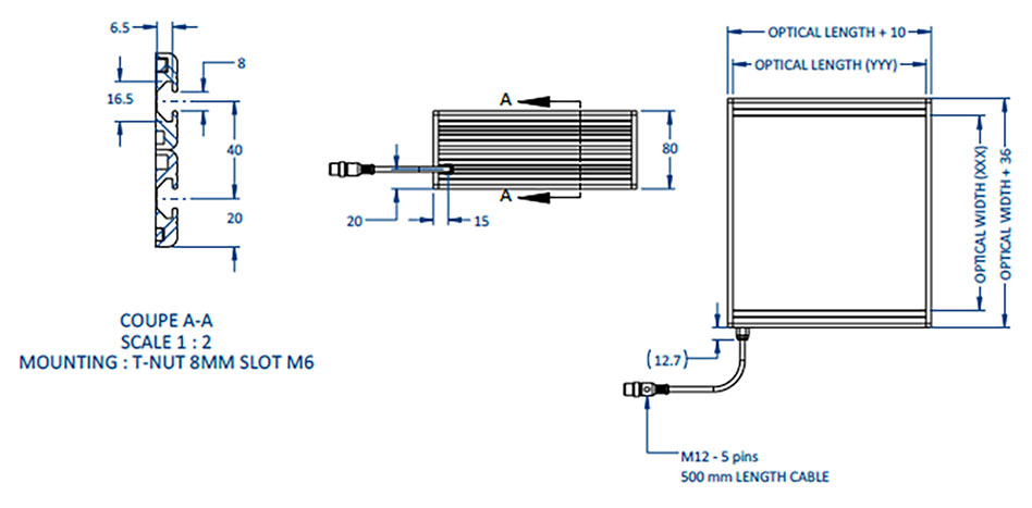 Diagramm, das die verschiedenen Komponenten und Abmessungen eines EFFI-Flex2 zeigt, der für die Bildverarbeitung und Qualitätskontrolle verwendet wird.