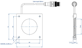 Schéma représentant les dimensions des composants d'un Effi-RLLA-90-045 pour la vision industrielle et le contrôle qualité.