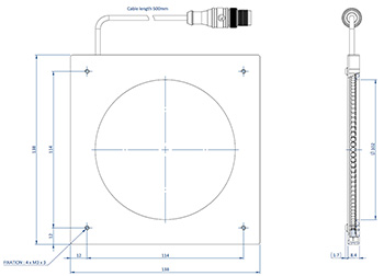 Schéma représentant les dimensions des composants d'un Effi-RLLA-90-100 pour la vision industrielle et le contrôle qualité.