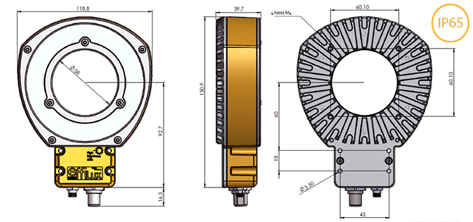 Schéma présentant les divers composants et leurs dimensions d'un EFFI-Ring utilisé pour la vision industrielle et le contrôle qualité.