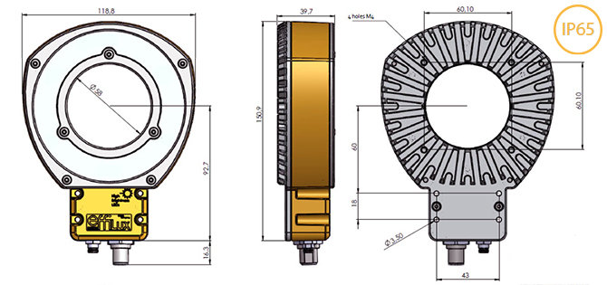 Diagram showing the various components and dimensions of a EFFI-Ring used for image processing and quality control.