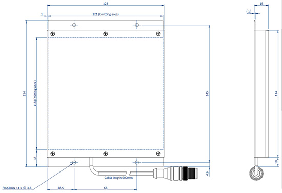 Diagramm mit den Abmessungen der Komponenten eines EFFI-SBHS-120-120 für die Bildverarbeitung und Qualitätskontrolle.
