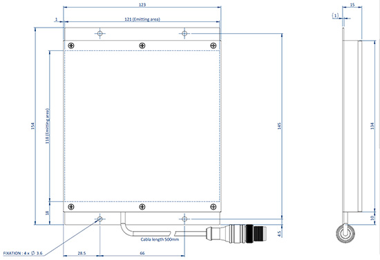 Schematische Darstellung der Abmessungen der Komponenten einer EFFI-SBHS-120-120 für die industrielle Bildverarbeitung und Qualitätskontrolle.