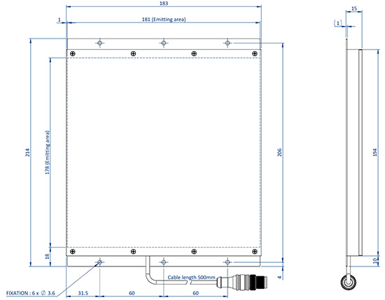 Diagramm mit den Abmessungen der Komponenten eines EFFI-SBHS-180-180 für die Bildverarbeitung und Qualitätskontrolle.