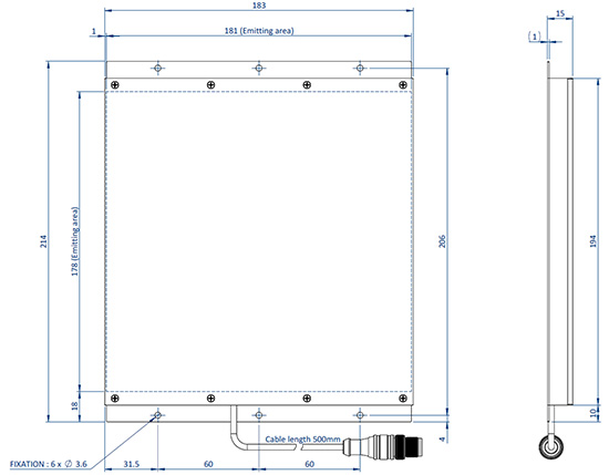 Diagrama que muestra las dimensiones de los componentes de un EFFI-SBHS-180-180 para visión de máquina y control de calidad.