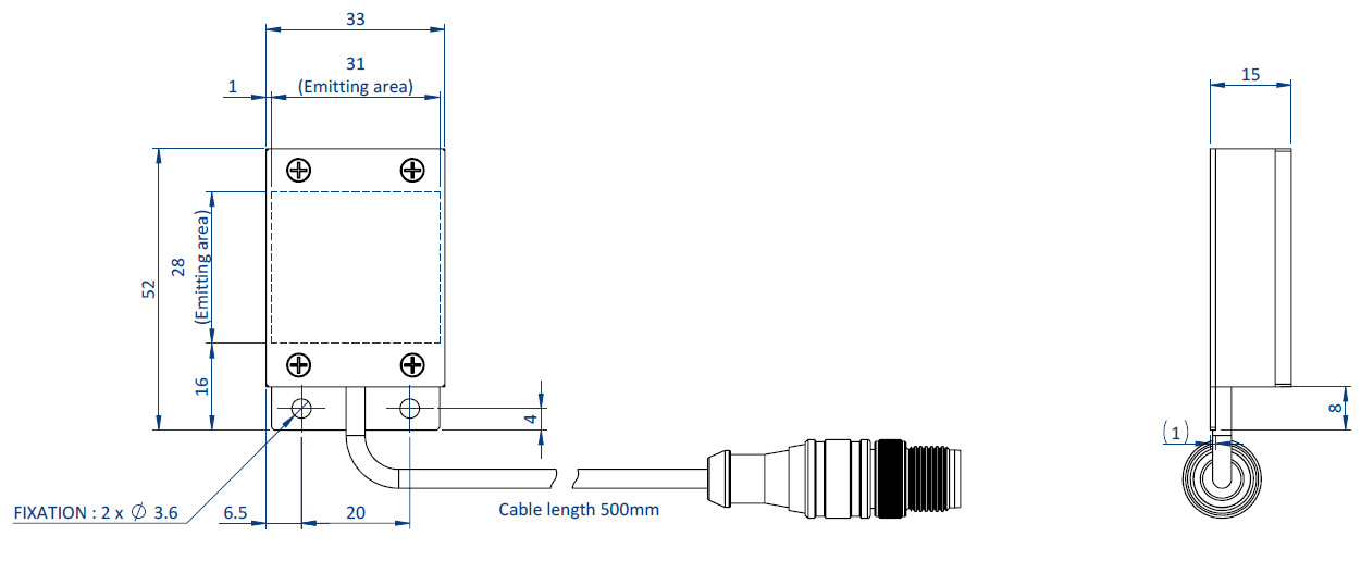 Diagrama que muestra las dimensiones de los componentes de un EFFI-SBHS-30-30 para visión de máquina y control de calidad.