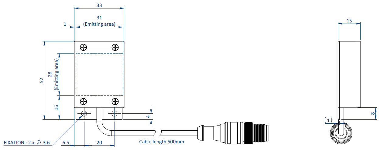 Diagram showing the dimensions of the components of an EFFI-SBHS-30-30 for machine vision and quality control.