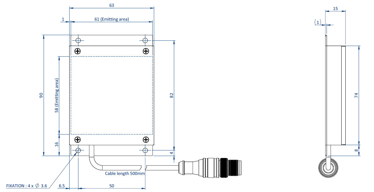 Diagramm mit den Abmessungen der Komponenten eines EFFI-SBHS-60-60 für die Bildverarbeitung und Qualitätskontrolle.