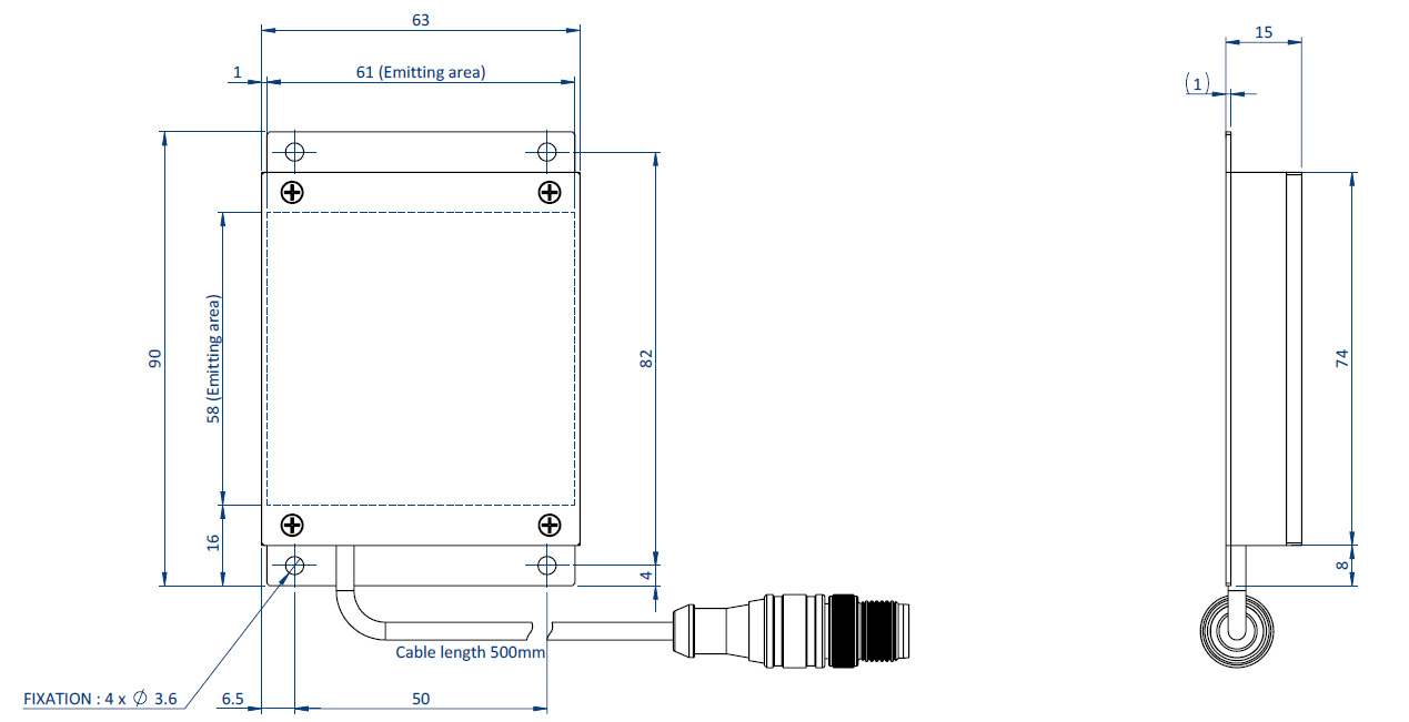 Diagram showing the dimensions of the components of an EFFI-SBHS-60-60 for machine vision and quality control.