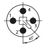 Características del conector macho de alimentación M12 de 4 pines que se utiliza para alimentar el Effi-Lase-V3 para visión artificial y control de calidad.