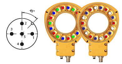 Características del conector M12 de 5 pines utilizado para alimentar el Effi-Ring para visión artificial y control de calidad.
