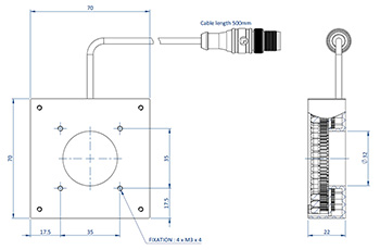 Schéma représentant les dimensions des composants d'un Effi-RLSQ-00-70 pour la vision industrielle et le contrôle qualité.