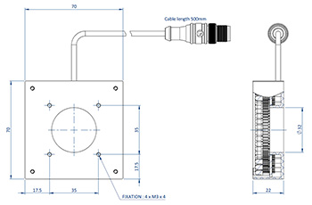 Diagram showing the dimensions of the components of an Effi-RLSQ-00-70 for machine vision and quality control.