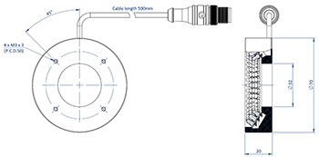 Schéma représentant les dimensions des composants d'un Effi-RLSW-00-70 pour la vision industrielle et le contrôle qualité.