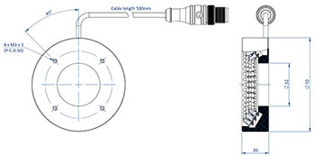 Diagrama que muestra las dimensiones de los componentes de un Effi-RLSW-00-70 para visión de máquina y control de calidad.