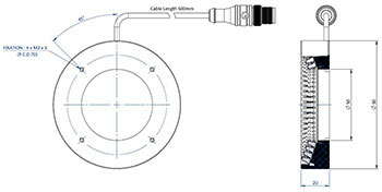 Diagramm mit den Abmessungen der Komponenten eines Effi-RLSW-00-90 für die Bildverarbeitung und Qualitätskontrolle.