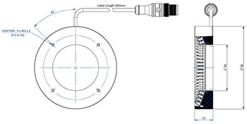 Diagrama que muestra las dimensiones de los componentes de un Effi-RLSW-00-90 para visión de máquina y control de calidad.