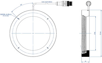 Diagramm mit den Abmessungen der Komponenten eines Effi-RLSW-00-125 für die Bildverarbeitung und Qualitätskontrolle.