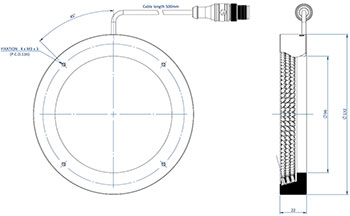 Diagrama que muestra las dimensiones de los componentes de un Effi-RLSW-00-125 para visión de máquina y control de calidad.