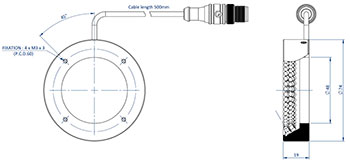 Schéma représentant les dimensions des composants d'un Effi-RLSW-00-70 pour la vision industrielle et le contrôle qualité.