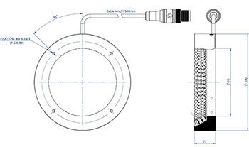 Diagramm mit den Abmessungen der Komponenten eines Effi-RLSW-00-75 für die Bildverarbeitung und Qualitätskontrolle.
