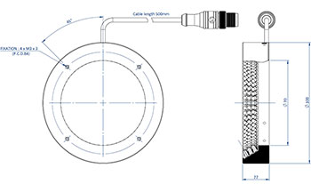 Diagrama que muestra las dimensiones de los componentes de un Effi-RLSW-00-75 para visión de máquina y control de calidad.