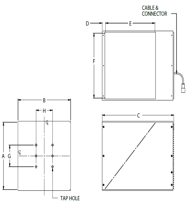 Schéma représentant les dimensions de l'Effi-CAS3-00-150 | Utilisé pour la vision industrielle et le contrôle qualité.