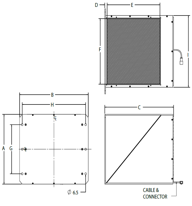 Schéma représentant les dimensions de l'Effi-CAS3-00-200/250 | Utilisé pour la vision industrielle et le contrôle qualité.