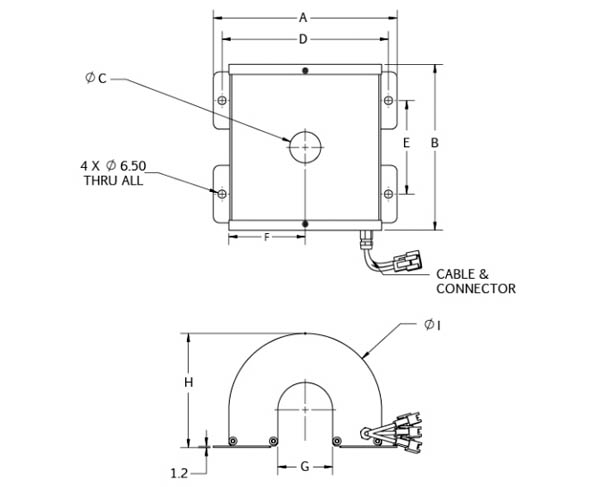 Diagrama que muestra las dimensiones del Effi-IDT3 para visión artificial y control de calidad