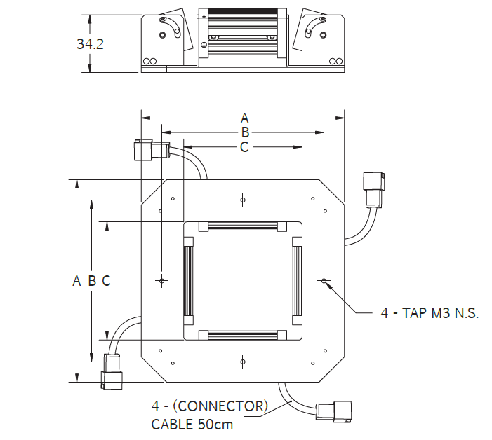 Schéma représentant les dimensions des composants d'un Effi-LBRQ en version 3 rangées de LED pour la vision industrielle et le contrôle qualité.