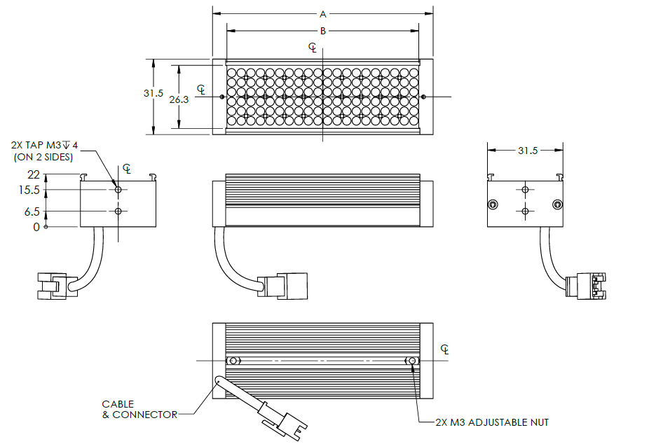 Schéma représentant les dimensions des composants d'un Effi-LBRQ en version 6 rangées de LED pour la vision industrielle et le contrôle qualité.