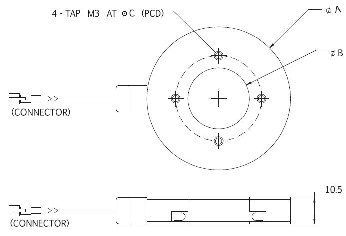 Diagrama que muestra las dimensiones de los componentes de un Effi-LLA 60 & 75 para visión artificial y control de calidad.