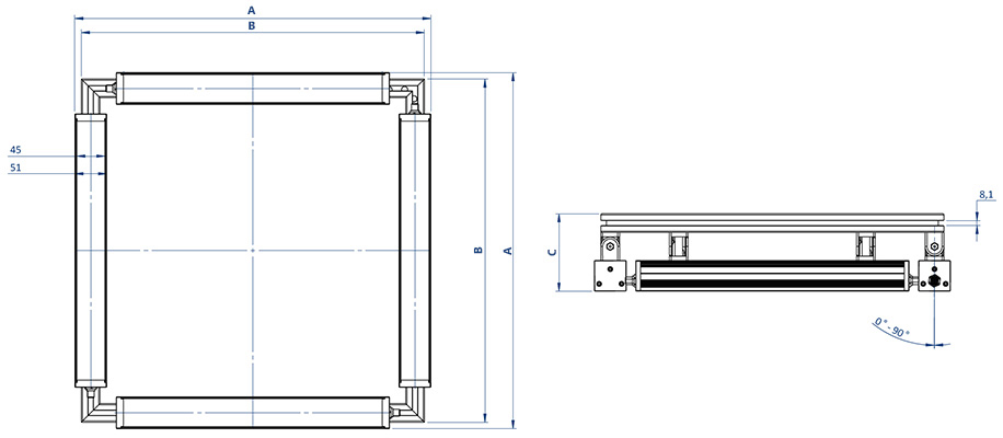 Dimensional diagram of the components of EFFI-Square with 4 EFFI-Flex for machine vision and quality control.